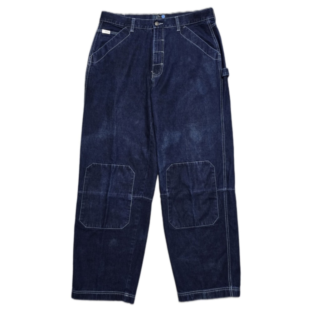 VTG Clench Jeans 36x32 Baggy‎ Wide Leg Blue Reinforced Patchwork Knee Skater Y2K